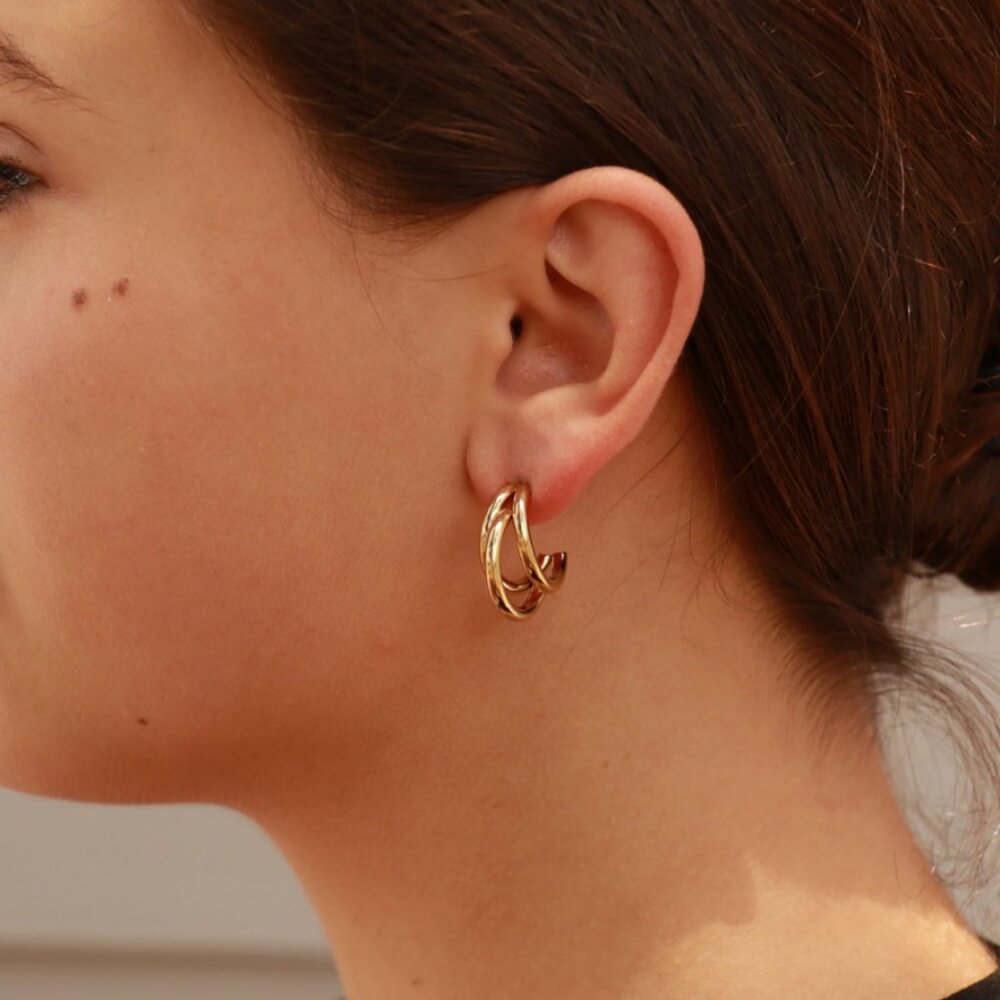 18K Gold PVD Triple Hoop Earrings – Water & Tarnish-Resistant & Hypoallergenic - Picture 2 of 3